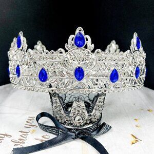 Royal King Crown, Blue Crystal Prince Crown, Vintage Silver Crown, Birthday Gift